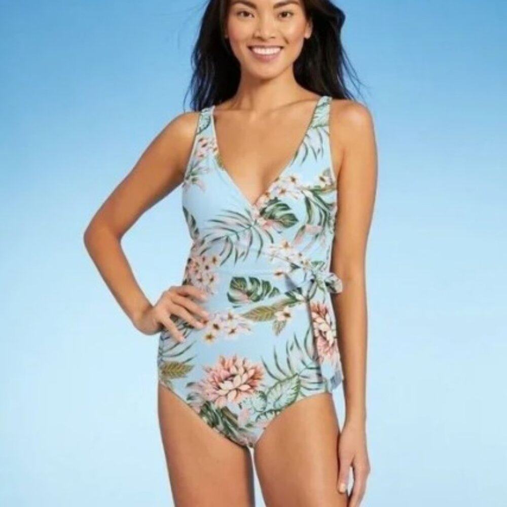 Kona Sol Brand Medium Wrap-Front High Coverage One Piece Swimsuit Tropical Print
